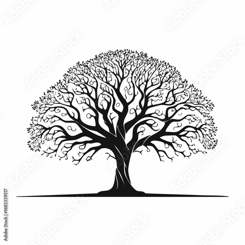 Oak tree silhouette no leaves. This image shows a detailed silhouette of an oak tree without leaves, emphasizing its stark and natural elegance. Vector clipart illustration design.
