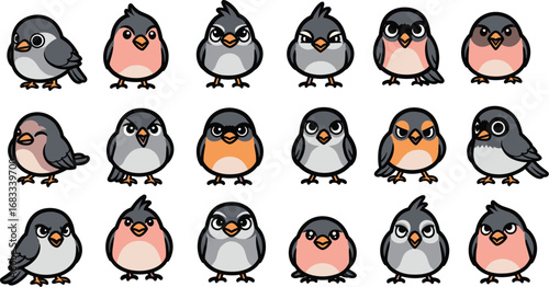 Cartoon collection of fifteen colorful plump birds with unique expressions and postures