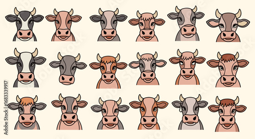 Cartoon cows face collection in various color variations
