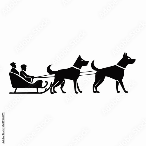 Dog sled silhouette. This image portrays a team of dogs pulling a sled, also referred to as dog mushing or sled racing. Vector clipart black illustration design.