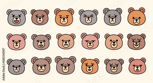 Cartoon bears show many emotions, lined up in three rows.