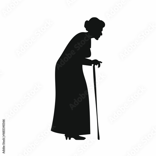 Old woman silhouette. An elderly figure standing with a hunched posture, symbolizing wisdom and dignity. Vector clipart black illustration design.