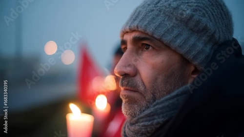 Middle-aged man holding a candle in vigil, thoughtful atmosphere as he stands in winter twilight, intimate moment during a peaceful protest or remembrance ceremony