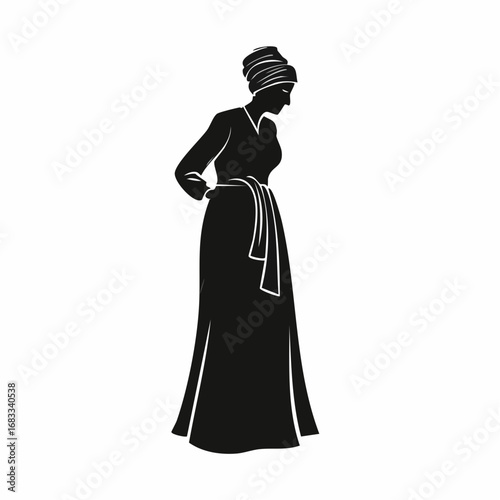 Old woman silhouette. An elderly figure standing with a hunched posture, symbolizing wisdom and dignity. Vector clipart black illustration design.