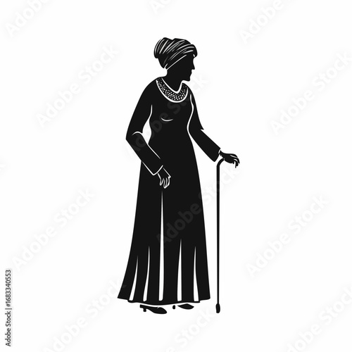 Old woman silhouette. An elderly figure standing with a hunched posture, symbolizing wisdom and dignity. Vector clipart black illustration design.