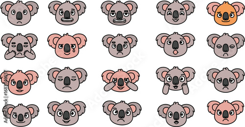 Cartoon koala faces with various expressions in rows