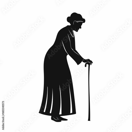 Old woman silhouette. An elderly figure standing with a hunched posture, symbolizing wisdom and dignity. Vector clipart black illustration design.