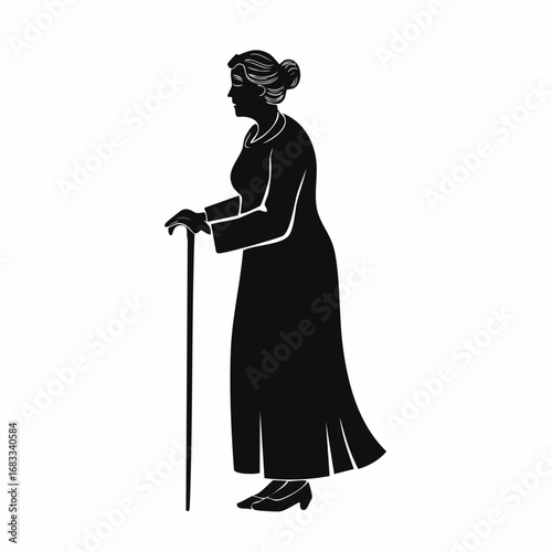 Old woman silhouette. An elderly figure standing with a hunched posture, symbolizing wisdom and dignity. Vector clipart black illustration design.