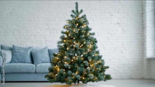 Cozy living room with a festive Christmas tree, warm lights creating a holiday ambiance, minimalist decor highlighting winter simplicity
