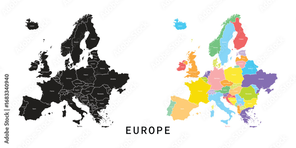 Fototapeta premium Europe map set. Black silhouette map and colored detailed map. Vector on white background.