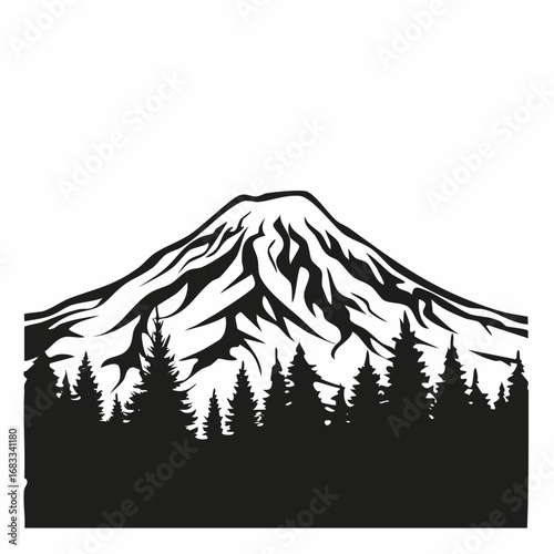 Mount Rainier silhouette. This image showcases a bold black outline of Mount Rainier with sharp peaks and rugged contours. Vector black clipart illustration design.