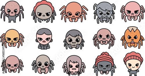 Cartoon spiders with human faces showing various emotions. Playful set.