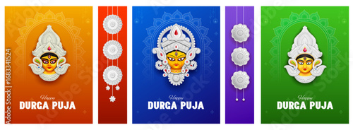 Goddess Durga in Happy Durga Puja Subh Navratri Indian religious background design for Promotion Offer Sale Banner