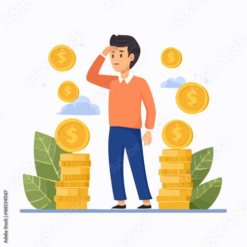 A cartoon man contemplating money stacks.