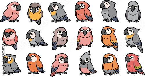 Collection of colorful parrots with various plumage designs in cartoon style