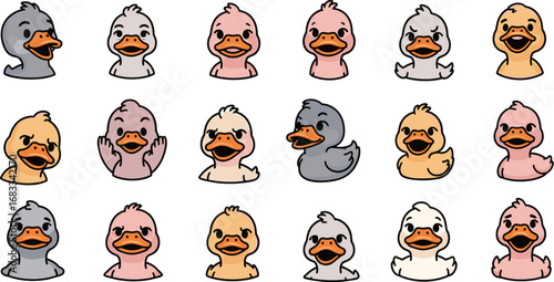 Cartoon ducks set with various color variations and expressions.