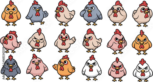Angry cartoon chickens collection with various color schemes and expressions in a grid.