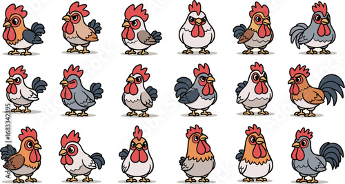 Cartoon chickens collection with various colors and expressions