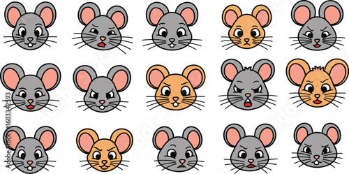 Cartoon mice faces with varied expressions set. Funny animals in grey and orange design.