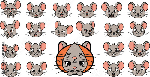 Cartoon mice heads showing different emotions and expressions