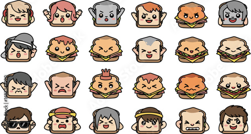 Cartoon sandwiches with human features, expressive faces and various hairstyles. Vector illustration