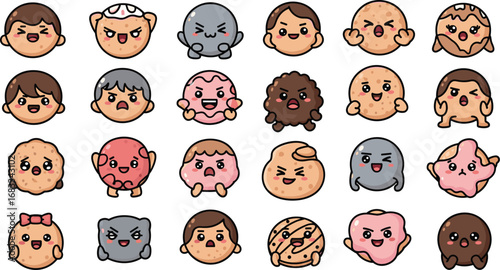 Collection of 24 whimsical cartoon characters with various shapes and expressions.