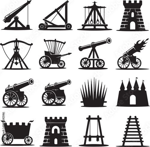 Collection of historical siege weapons and castle icons in black silhouette catapult trebuchet