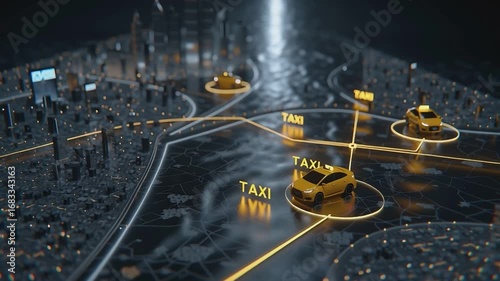 Smart Taxi Navigation in the Digital City: A conceptual depiction of modern taxi service, with illuminated paths and digital interface, showcasing the efficiency of smart city technology. 