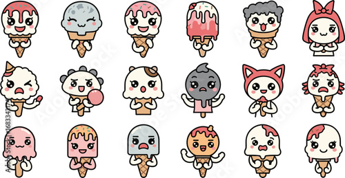 Collection of playful cartoon ice cream characters with assorted facial expressions and cone styles.