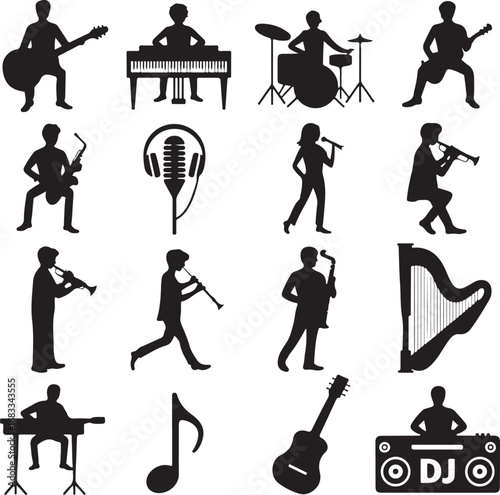 Silhouettes of musicians playing various instruments and DJ equipment guitar piano