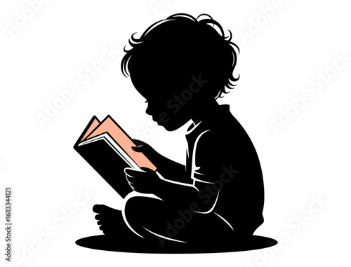 Illustration of child reading book silhouette vector graphic design