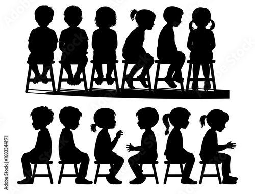 Silhouette of children sitting on stools vector graphic illustration