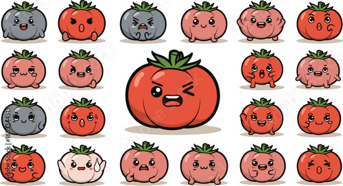 Cartoon tomatoes with various expressions arranged in grid
