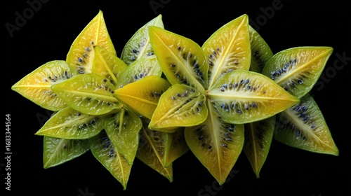 A vibrant display of starfruit with striking yellow-green leaves, showcasing its unique star shape. Perfect for illustrating freshness, health, and exoticness in culinary contexts.