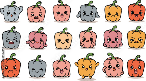Cartoon peppers with varied expressions in pastel colors, black outlines.