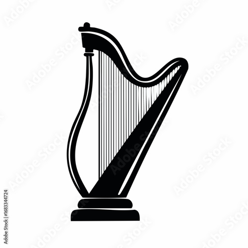 Harp silhouette. This image shows a black silhouette of a harp, a classical stringed instrument, depicted in a detailed and artistic style. Vector clipart illustration design.