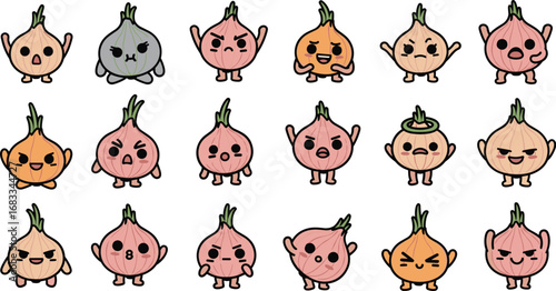 Collection of sixteen cartoon onions with varying expressions and personalities, arranged on a white background.