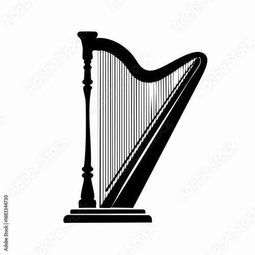 Harp silhouette. This image shows a black silhouette of a harp, a classical stringed instrument, depicted in a detailed and artistic style. Vector clipart illustration design.
