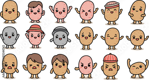 Cartoon potatoes with various expressions and hats set vector