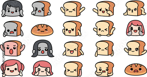 Kawaii bread slice characters with varied expressions vector illustration