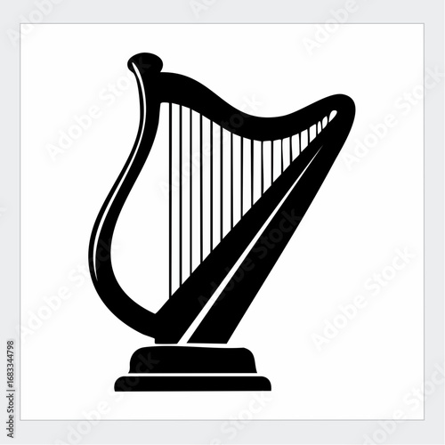 Harp silhouette. This image shows a black silhouette of a harp, a classical stringed instrument, depicted in a detailed and artistic style. Vector clipart illustration design.