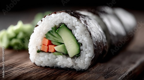 A vibrant sushi roll showcasing fresh ingredients like cucumber and carrot, elegantly wrapped in seaweed