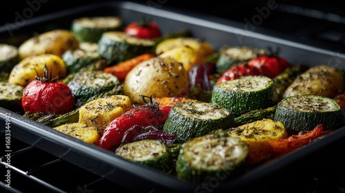 A vibrant tray of roasted vegetables, including zucchini, potatoes, and tomatoes, seasoned with herbs and displayed in a dark oven, perfect for healthy meal preparation.