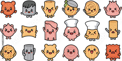Cute cartoon pasta characters with faces in various shapes and colors, illustration
