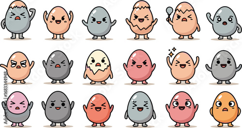 Cartoon eggs with faces show various expressions, arranged in rows, isolated on a plain background.