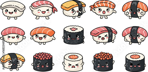 Collection of cute cartoon sushi with various expressions and toppings