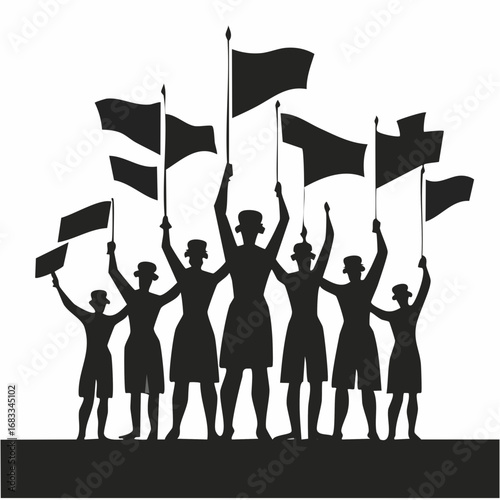 Color guard flag silhouette. The image shows black silhouettes of multiple individuals holding and waving flags, likely representing a color guard performance. Vector clipart illustration design.