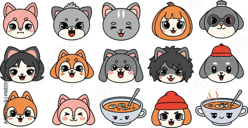 Cartoon animal and soup faces with varied emotions