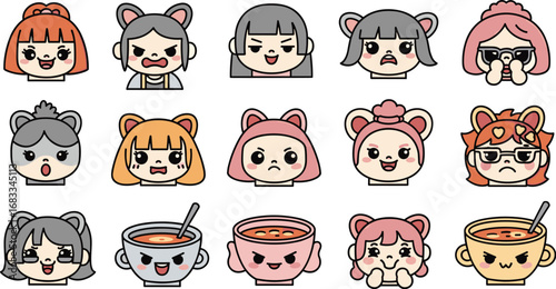 Cartoon character heads and soup bowls with kawaii expressions in a grid pattern.