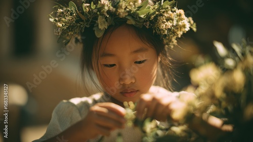 A young girl meticulously weaves a floral crown with small blossoms, showcasing the beauty of creativity and nature. This charming scene captures the essence of childhood wonder.